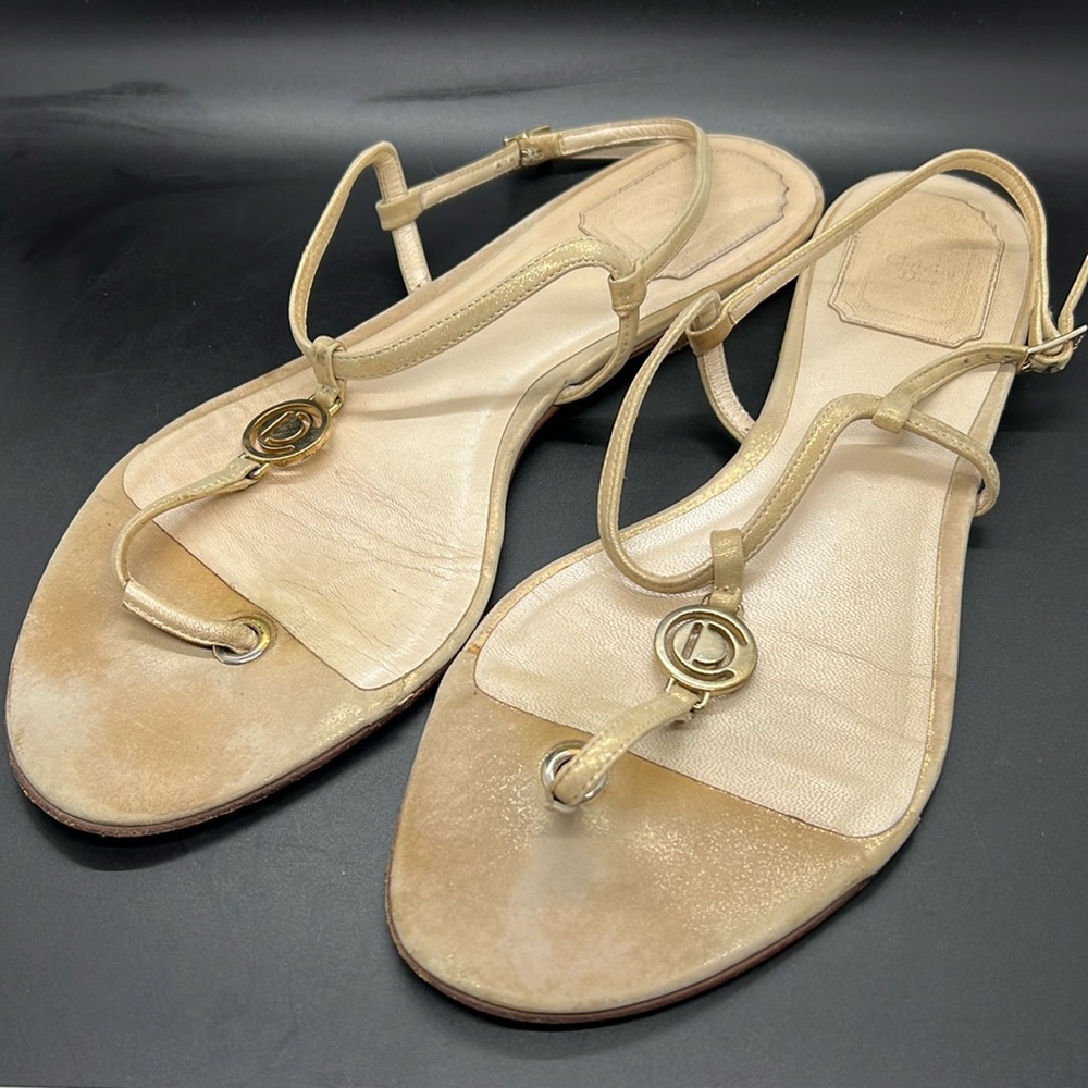 Christian Dior Womens Metallic Ankle T Strap Sandals Brown Leather Sole Size 40